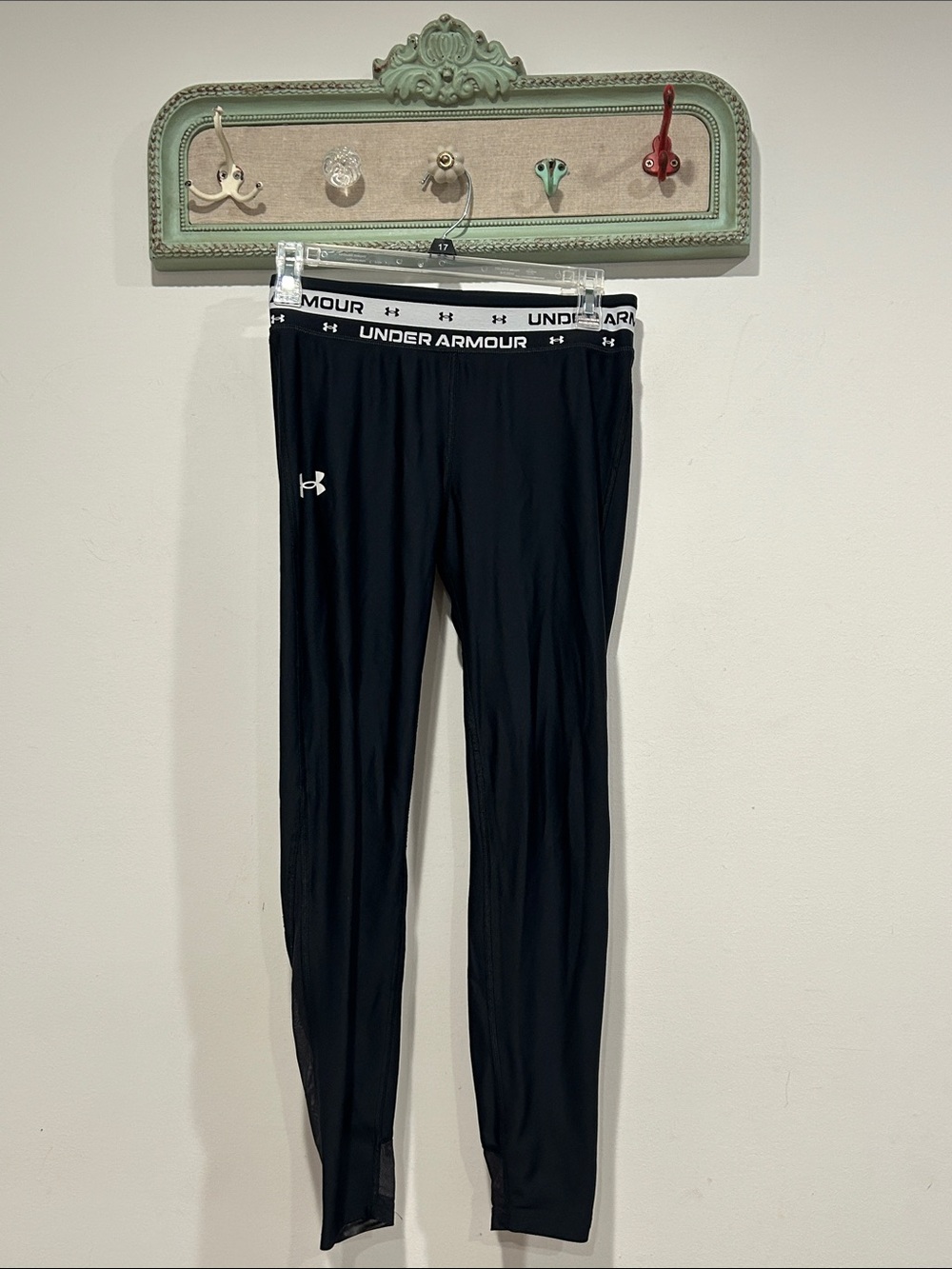 Under Armour youth girls large Black Performance Leggings White Waistband logo